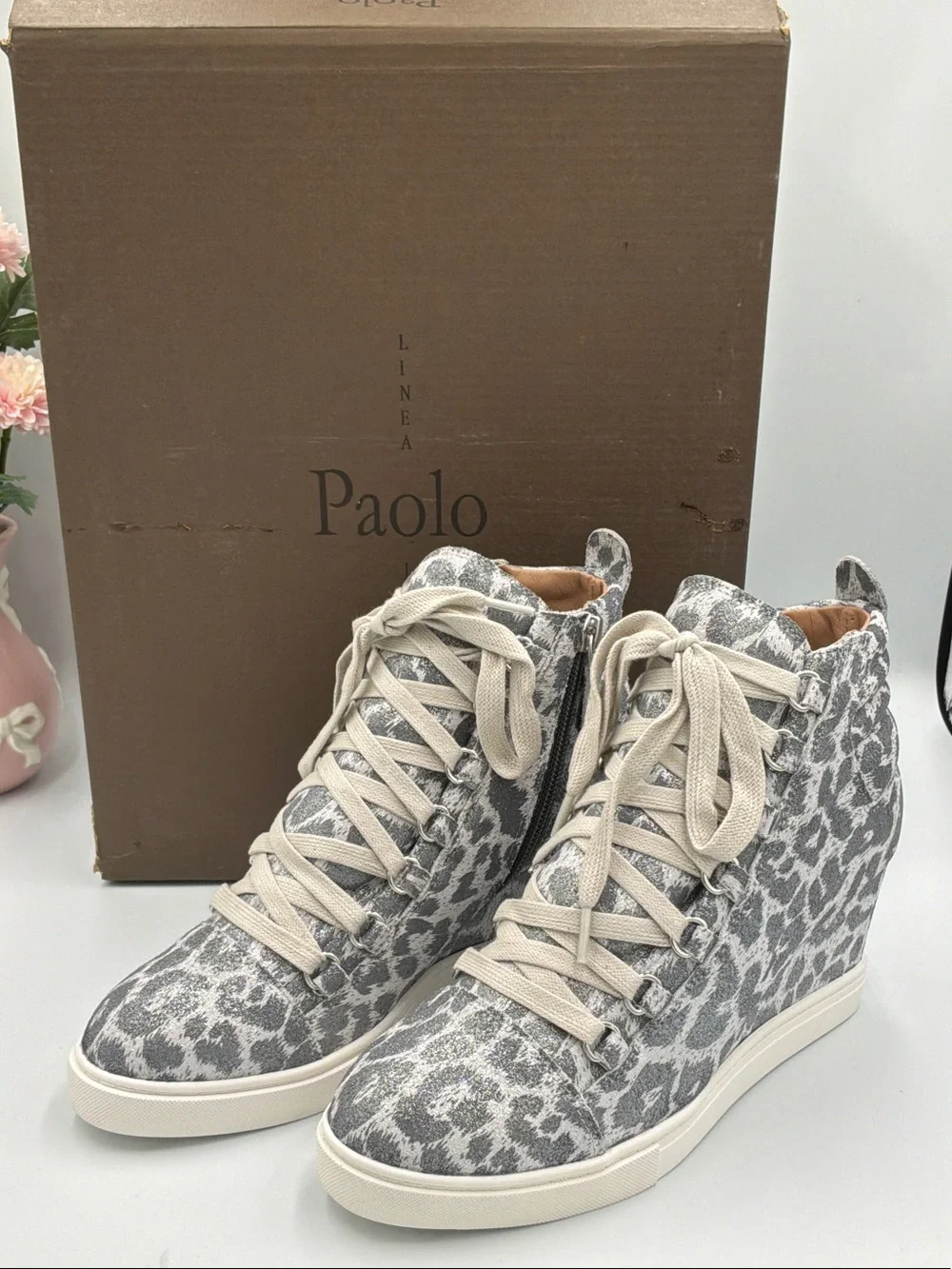 Paolo Silver-Gray Leopard Wedge Sneakers